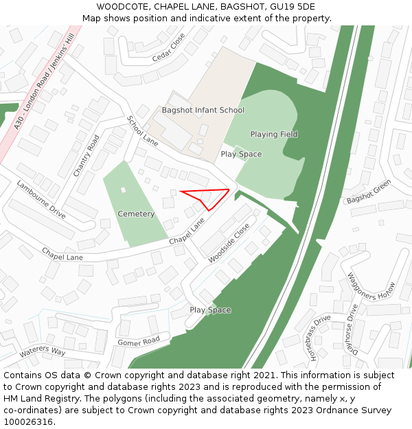 WOODCOTE, CHAPEL LANE, BAGSHOT, GU19 5DE: Location map and indicative extent of plot