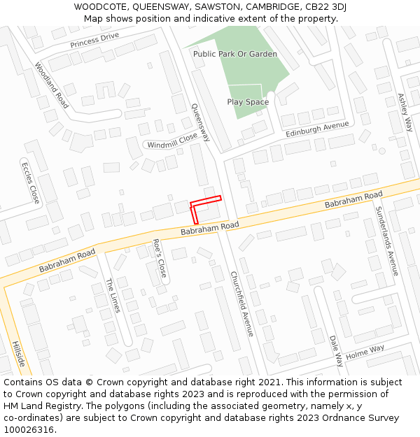 WOODCOTE, QUEENSWAY, SAWSTON, CAMBRIDGE, CB22 3DJ: Location map and indicative extent of plot