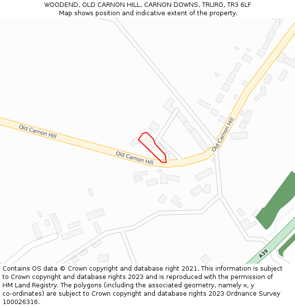 WOODEND, OLD CARNON HILL, CARNON DOWNS, TRURO, TR3 6LF: Location map and indicative extent of plot