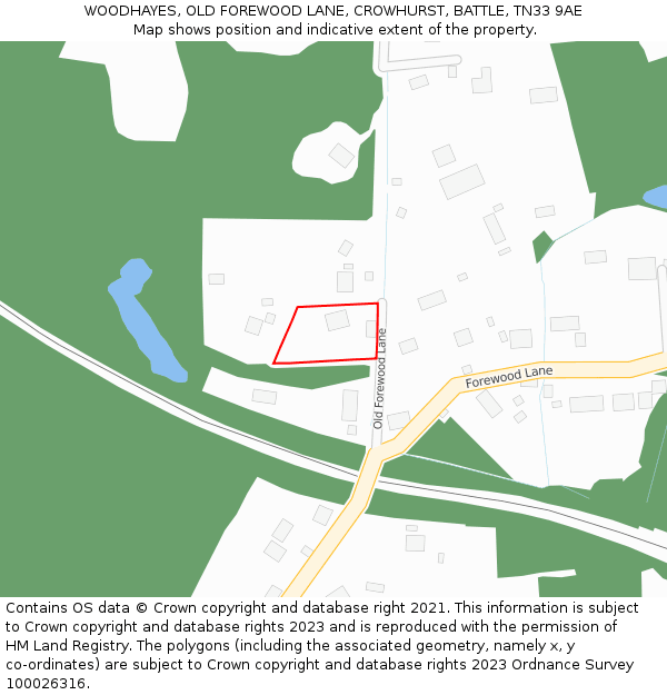 WOODHAYES, OLD FOREWOOD LANE, CROWHURST, BATTLE, TN33 9AE: Location map and indicative extent of plot