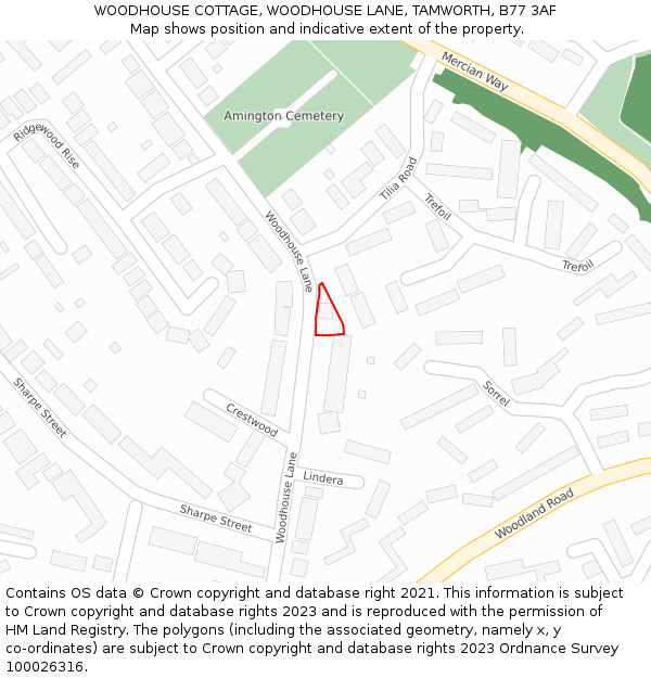 WOODHOUSE COTTAGE, WOODHOUSE LANE, TAMWORTH, B77 3AF: Location map and indicative extent of plot