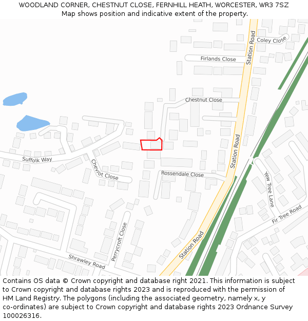 WOODLAND CORNER, CHESTNUT CLOSE, FERNHILL HEATH, WORCESTER, WR3 7SZ: Location map and indicative extent of plot