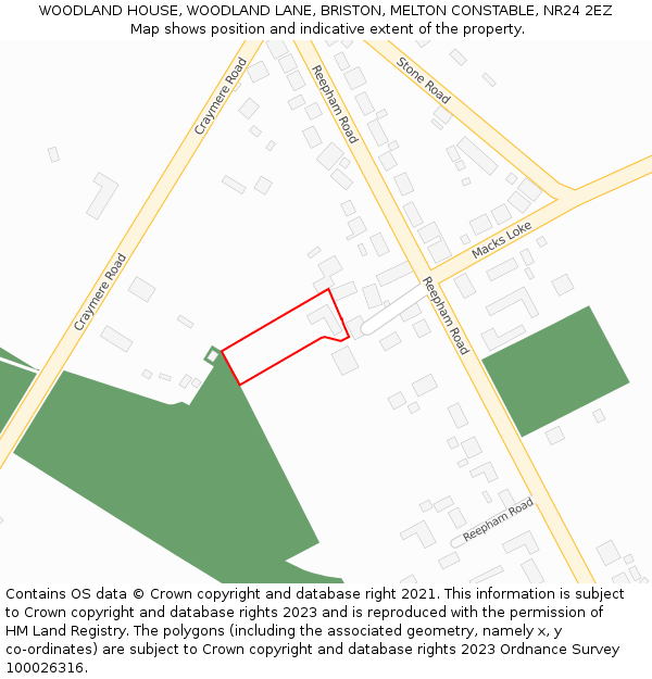 WOODLAND HOUSE, WOODLAND LANE, BRISTON, MELTON CONSTABLE, NR24 2EZ: Location map and indicative extent of plot