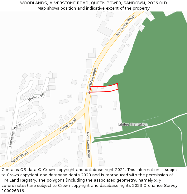 WOODLANDS, ALVERSTONE ROAD, QUEEN BOWER, SANDOWN, PO36 0LD: Location map and indicative extent of plot