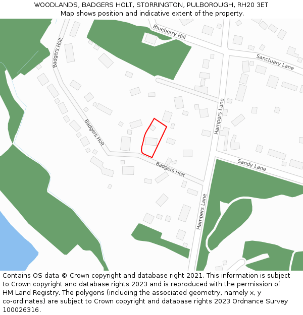 WOODLANDS, BADGERS HOLT, STORRINGTON, PULBOROUGH, RH20 3ET: Location map and indicative extent of plot