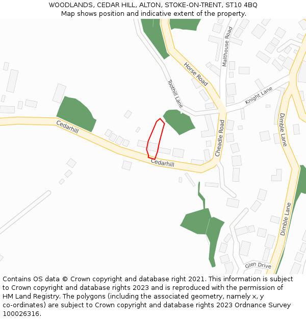 WOODLANDS, CEDAR HILL, ALTON, STOKE-ON-TRENT, ST10 4BQ: Location map and indicative extent of plot