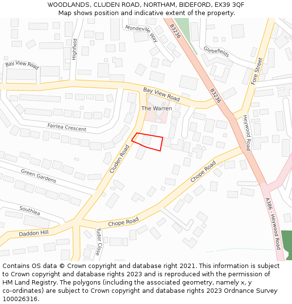 WOODLANDS, CLUDEN ROAD, NORTHAM, BIDEFORD, EX39 3QF: Location map and indicative extent of plot