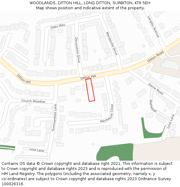 WOODLANDS, DITTON HILL, LONG DITTON, SURBITON, KT6 5EH: Location map and indicative extent of plot