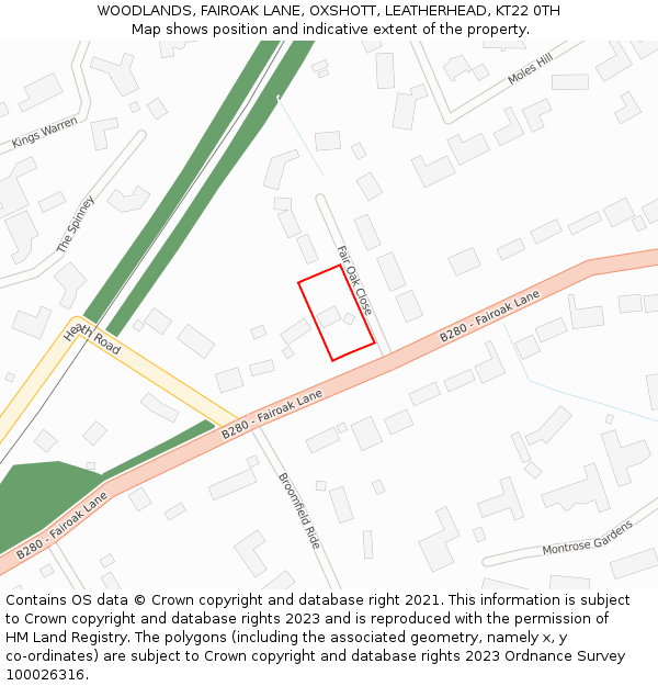 WOODLANDS, FAIROAK LANE, OXSHOTT, LEATHERHEAD, KT22 0TH: Location map and indicative extent of plot