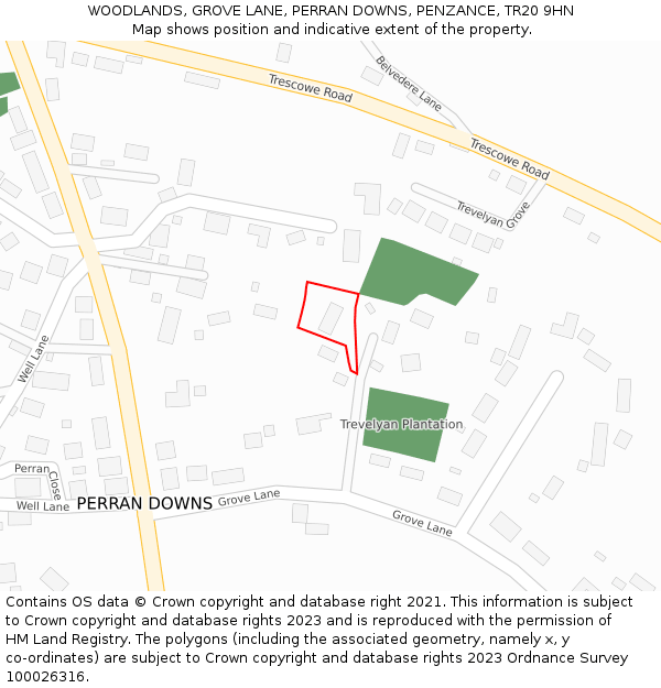 WOODLANDS, GROVE LANE, PERRAN DOWNS, PENZANCE, TR20 9HN: Location map and indicative extent of plot