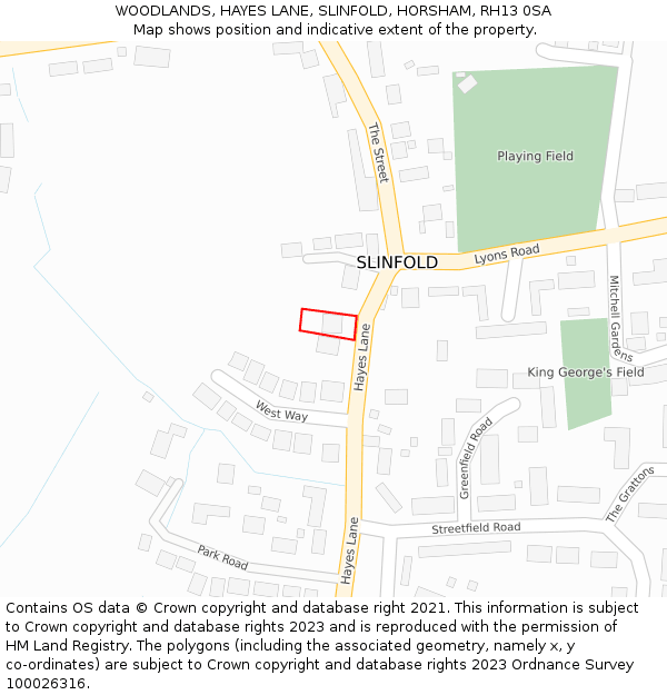 WOODLANDS, HAYES LANE, SLINFOLD, HORSHAM, RH13 0SA: Location map and indicative extent of plot