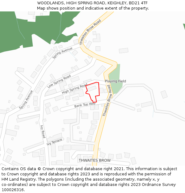 WOODLANDS, HIGH SPRING ROAD, KEIGHLEY, BD21 4TF: Location map and indicative extent of plot