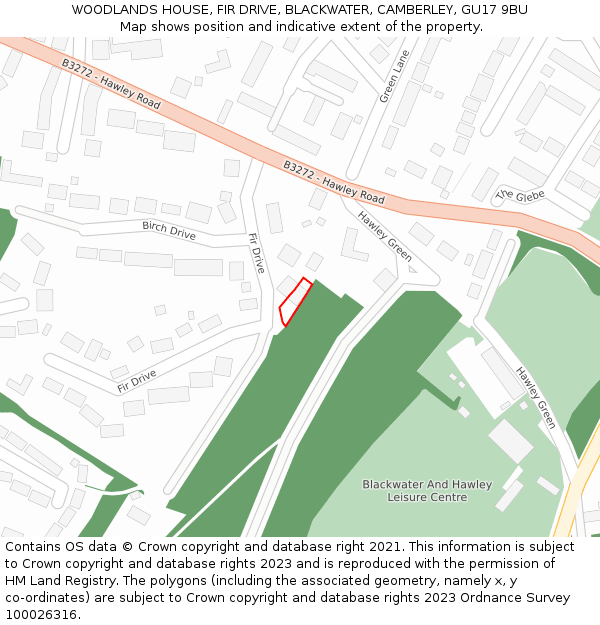 WOODLANDS HOUSE, FIR DRIVE, BLACKWATER, CAMBERLEY, GU17 9BU: Location map and indicative extent of plot