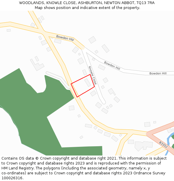 WOODLANDS, KNOWLE CLOSE, ASHBURTON, NEWTON ABBOT, TQ13 7RA: Location map and indicative extent of plot