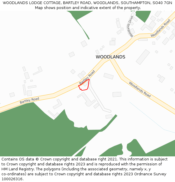 WOODLANDS LODGE COTTAGE, BARTLEY ROAD, WOODLANDS, SOUTHAMPTON, SO40 7GN: Location map and indicative extent of plot