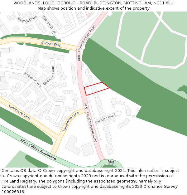 WOODLANDS, LOUGHBOROUGH ROAD, RUDDINGTON, NOTTINGHAM, NG11 6LU: Location map and indicative extent of plot