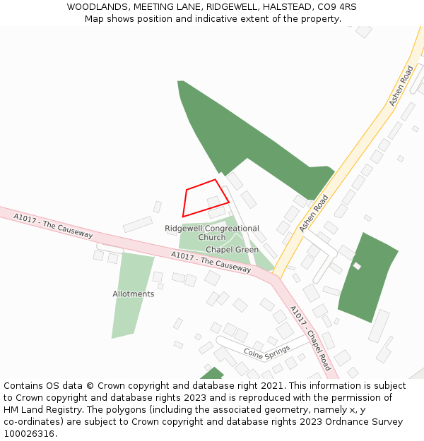 WOODLANDS, MEETING LANE, RIDGEWELL, HALSTEAD, CO9 4RS: Location map and indicative extent of plot