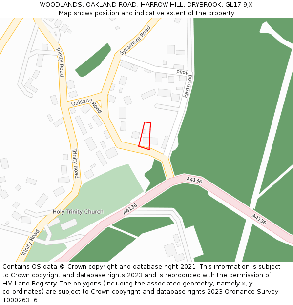 WOODLANDS, OAKLAND ROAD, HARROW HILL, DRYBROOK, GL17 9JX: Location map and indicative extent of plot