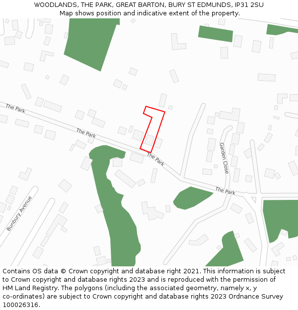 WOODLANDS, THE PARK, GREAT BARTON, BURY ST EDMUNDS, IP31 2SU: Location map and indicative extent of plot