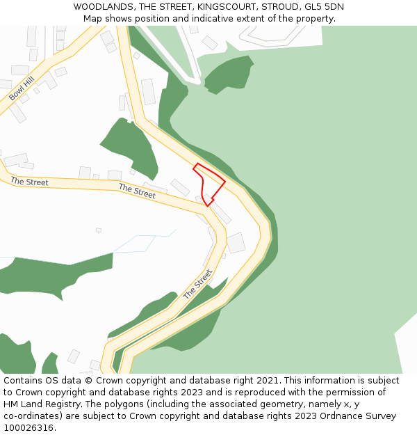 WOODLANDS, THE STREET, KINGSCOURT, STROUD, GL5 5DN: Location map and indicative extent of plot