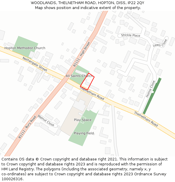 WOODLANDS, THELNETHAM ROAD, HOPTON, DISS, IP22 2QY: Location map and indicative extent of plot