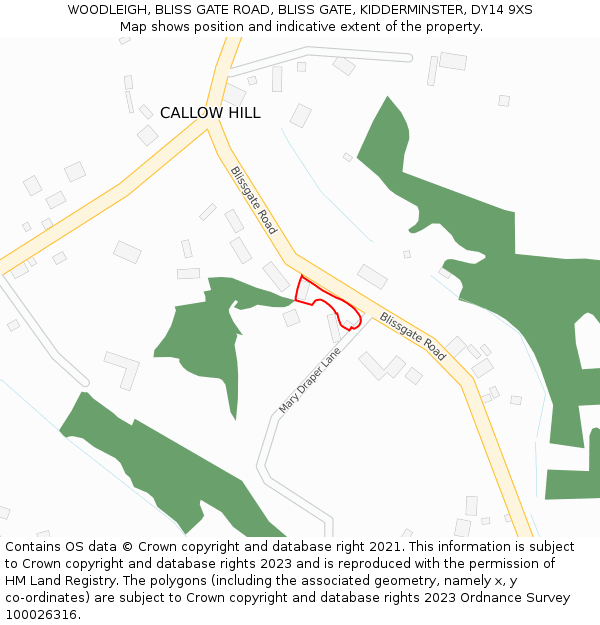 WOODLEIGH, BLISS GATE ROAD, BLISS GATE, KIDDERMINSTER, DY14 9XS: Location map and indicative extent of plot