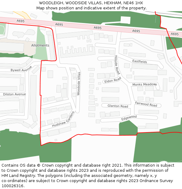 WOODLEIGH, WOODSIDE VILLAS, HEXHAM, NE46 1HX: Location map and indicative extent of plot