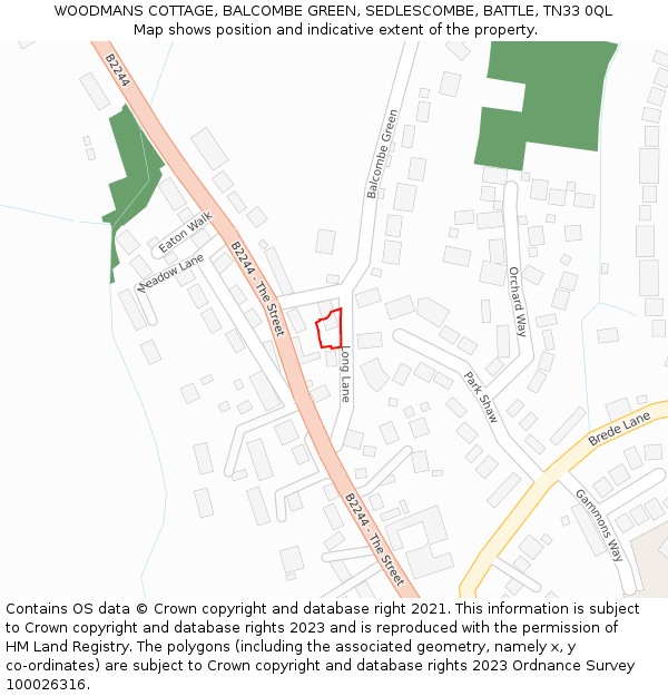 WOODMANS COTTAGE, BALCOMBE GREEN, SEDLESCOMBE, BATTLE, TN33 0QL: Location map and indicative extent of plot