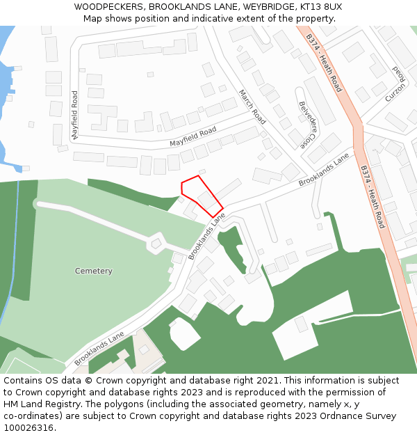 WOODPECKERS, BROOKLANDS LANE, WEYBRIDGE, KT13 8UX: Location map and indicative extent of plot