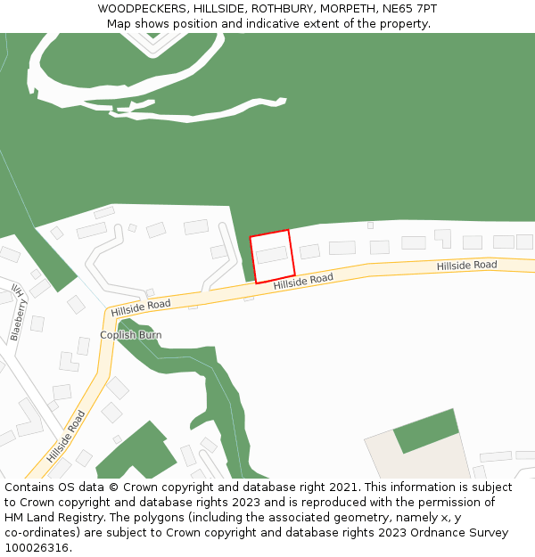 WOODPECKERS, HILLSIDE, ROTHBURY, MORPETH, NE65 7PT: Location map and indicative extent of plot