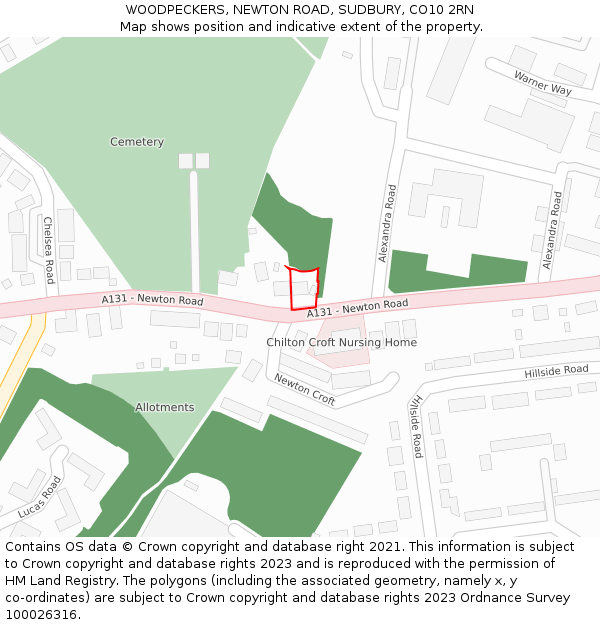 WOODPECKERS, NEWTON ROAD, SUDBURY, CO10 2RN: Location map and indicative extent of plot