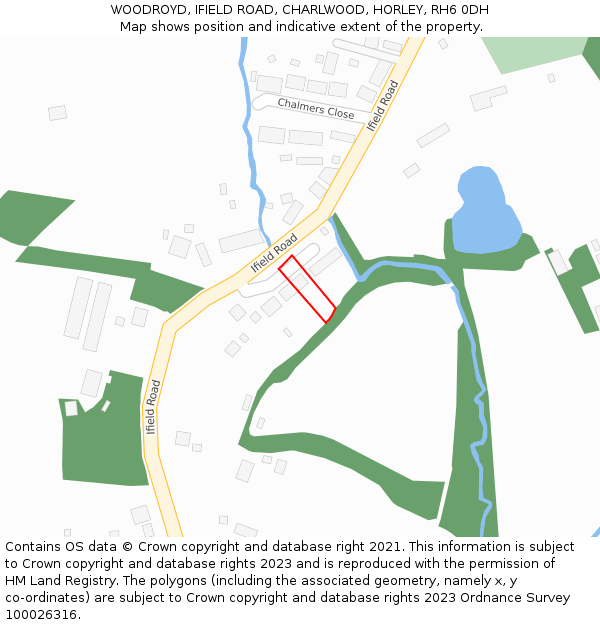 WOODROYD, IFIELD ROAD, CHARLWOOD, HORLEY, RH6 0DH: Location map and indicative extent of plot