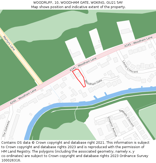 WOODRUFF, 10, WOODHAM GATE, WOKING, GU21 5AY: Location map and indicative extent of plot