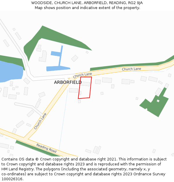 WOODSIDE, CHURCH LANE, ARBORFIELD, READING, RG2 9JA: Location map and indicative extent of plot