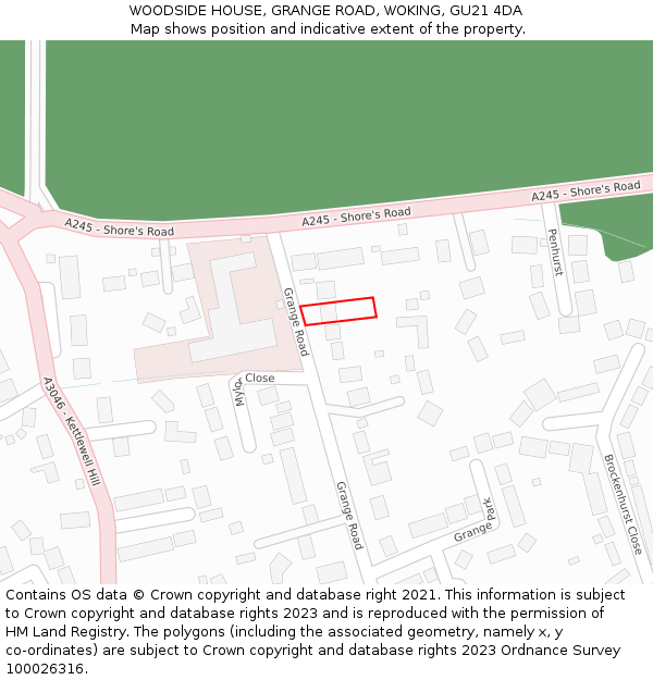 WOODSIDE HOUSE, GRANGE ROAD, WOKING, GU21 4DA: Location map and indicative extent of plot