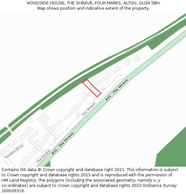 WOODSIDE HOUSE, THE SHRAVE, FOUR MARKS, ALTON, GU34 5BH: Location map and indicative extent of plot