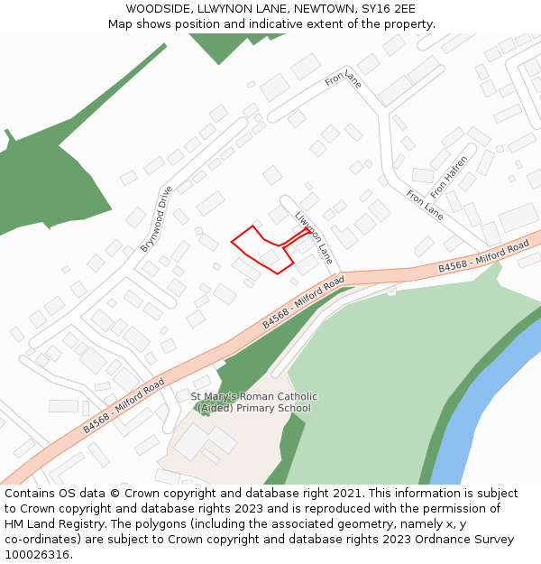 WOODSIDE, LLWYNON LANE, NEWTOWN, SY16 2EE: Location map and indicative extent of plot