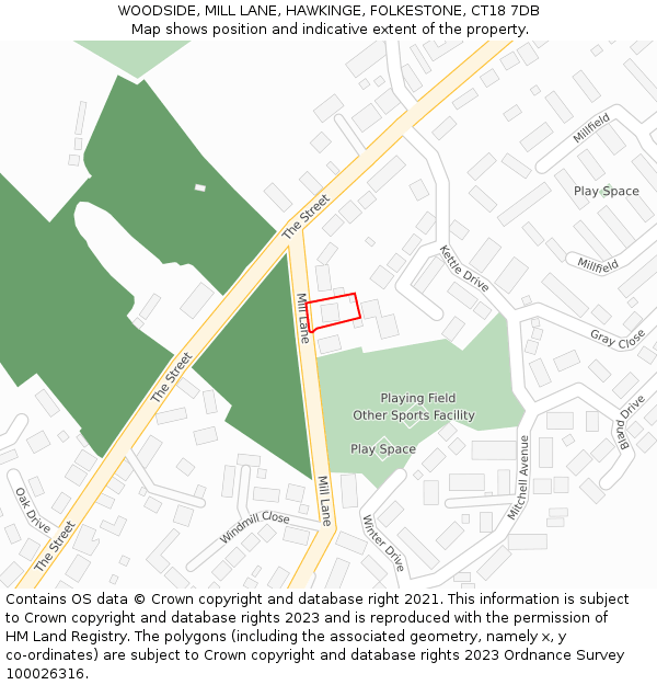 WOODSIDE, MILL LANE, HAWKINGE, FOLKESTONE, CT18 7DB: Location map and indicative extent of plot