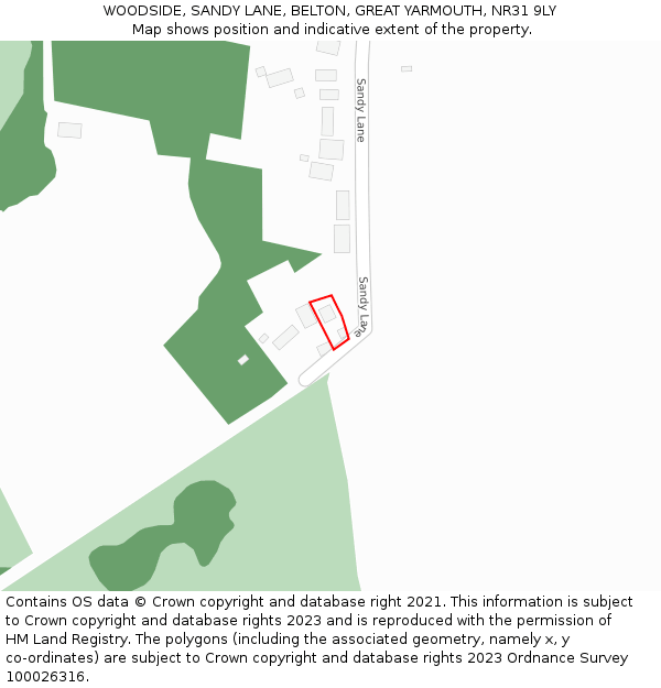 WOODSIDE, SANDY LANE, BELTON, GREAT YARMOUTH, NR31 9LY: Location map and indicative extent of plot