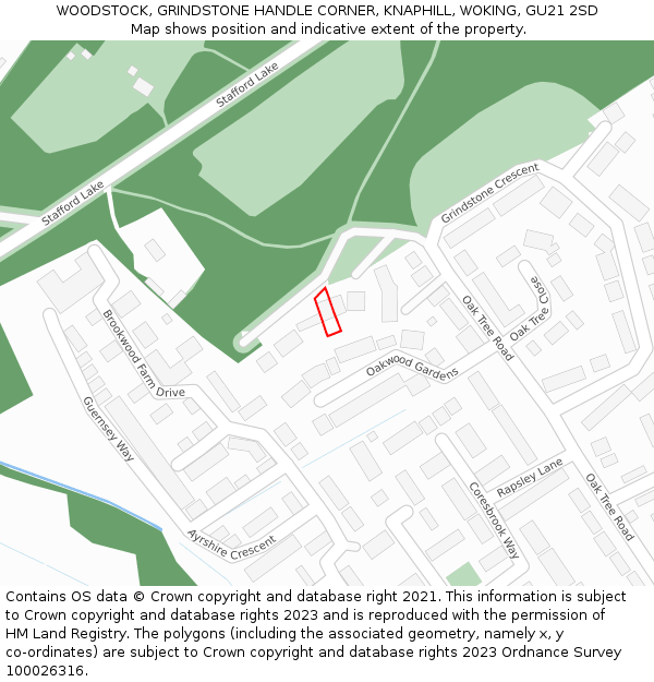 WOODSTOCK, GRINDSTONE HANDLE CORNER, KNAPHILL, WOKING, GU21 2SD: Location map and indicative extent of plot