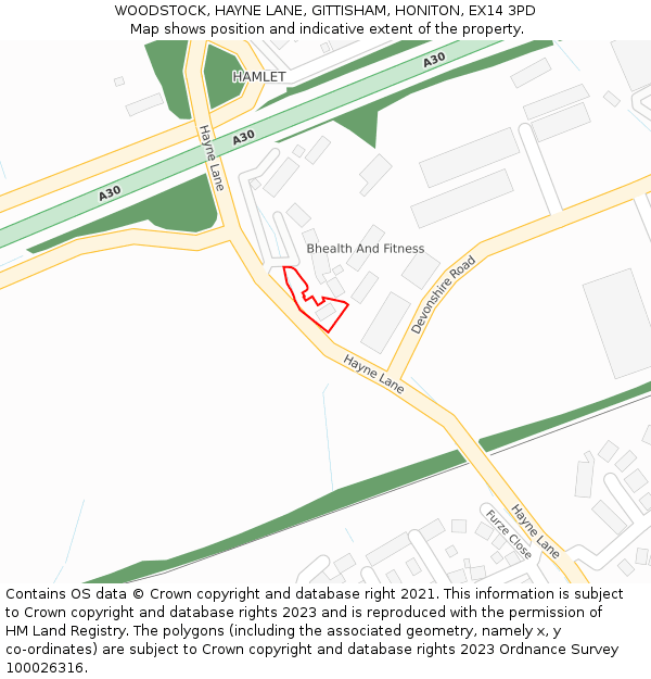 WOODSTOCK, HAYNE LANE, GITTISHAM, HONITON, EX14 3PD: Location map and indicative extent of plot