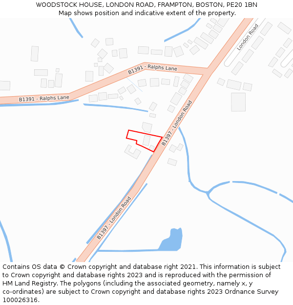 WOODSTOCK HOUSE, LONDON ROAD, FRAMPTON, BOSTON, PE20 1BN: Location map and indicative extent of plot