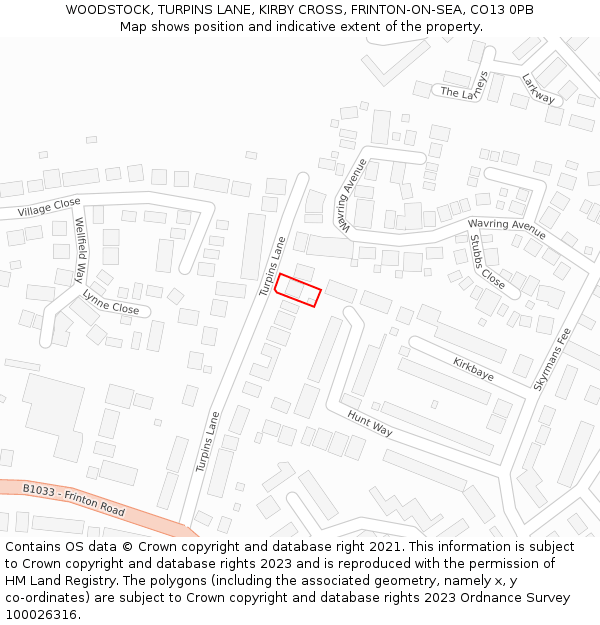 WOODSTOCK, TURPINS LANE, KIRBY CROSS, FRINTON-ON-SEA, CO13 0PB: Location map and indicative extent of plot