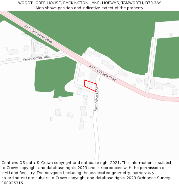 WOODTHORPE HOUSE, PACKINGTON LANE, HOPWAS, TAMWORTH, B78 3AY: Location map and indicative extent of plot