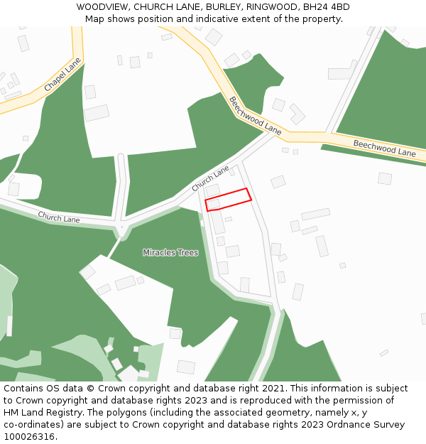 WOODVIEW, CHURCH LANE, BURLEY, RINGWOOD, BH24 4BD: Location map and indicative extent of plot