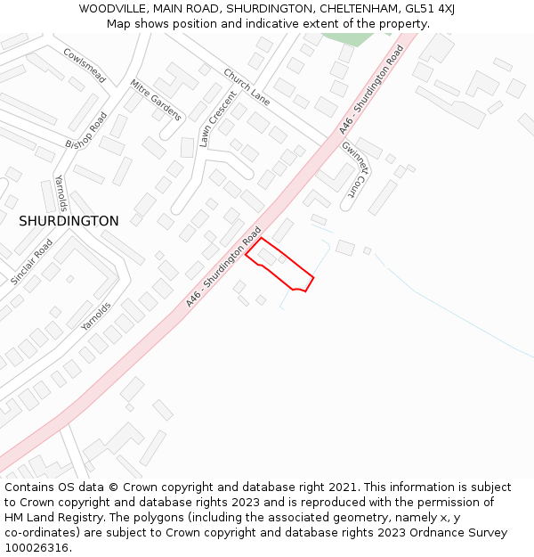 WOODVILLE, MAIN ROAD, SHURDINGTON, CHELTENHAM, GL51 4XJ: Location map and indicative extent of plot