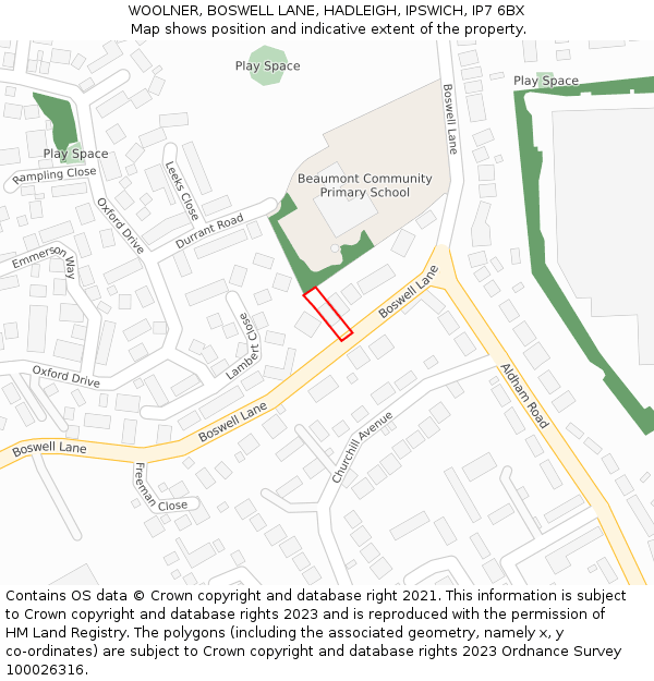 WOOLNER, BOSWELL LANE, HADLEIGH, IPSWICH, IP7 6BX: Location map and indicative extent of plot