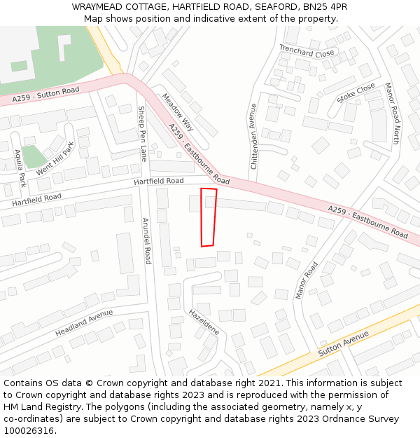 WRAYMEAD COTTAGE, HARTFIELD ROAD, SEAFORD, BN25 4PR: Location map and indicative extent of plot