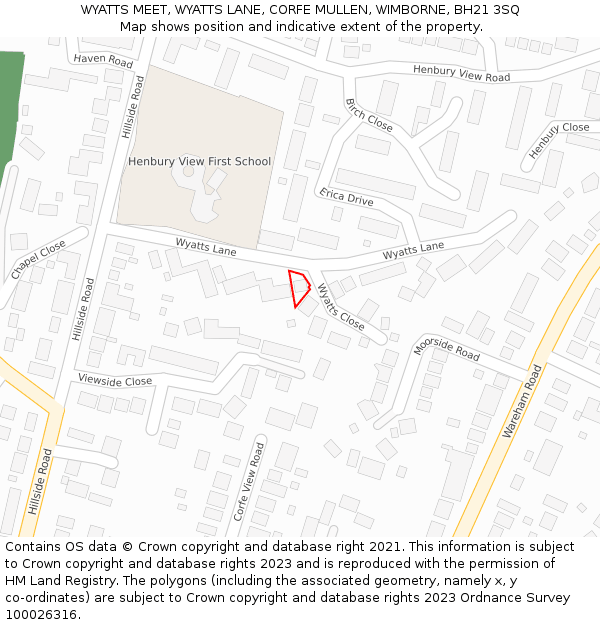 WYATTS MEET, WYATTS LANE, CORFE MULLEN, WIMBORNE, BH21 3SQ: Location map and indicative extent of plot
