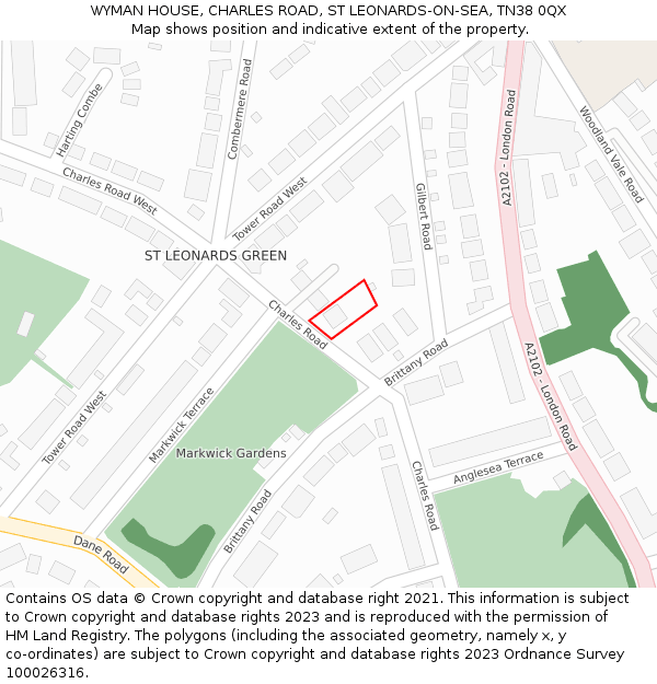 WYMAN HOUSE, CHARLES ROAD, ST LEONARDS-ON-SEA, TN38 0QX: Location map and indicative extent of plot